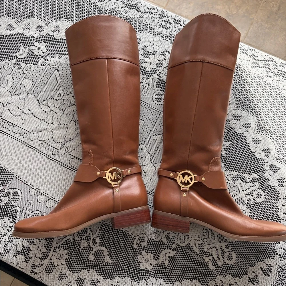 Michael Kors Chestnut Brown Leather Boots with Gold MK Accent